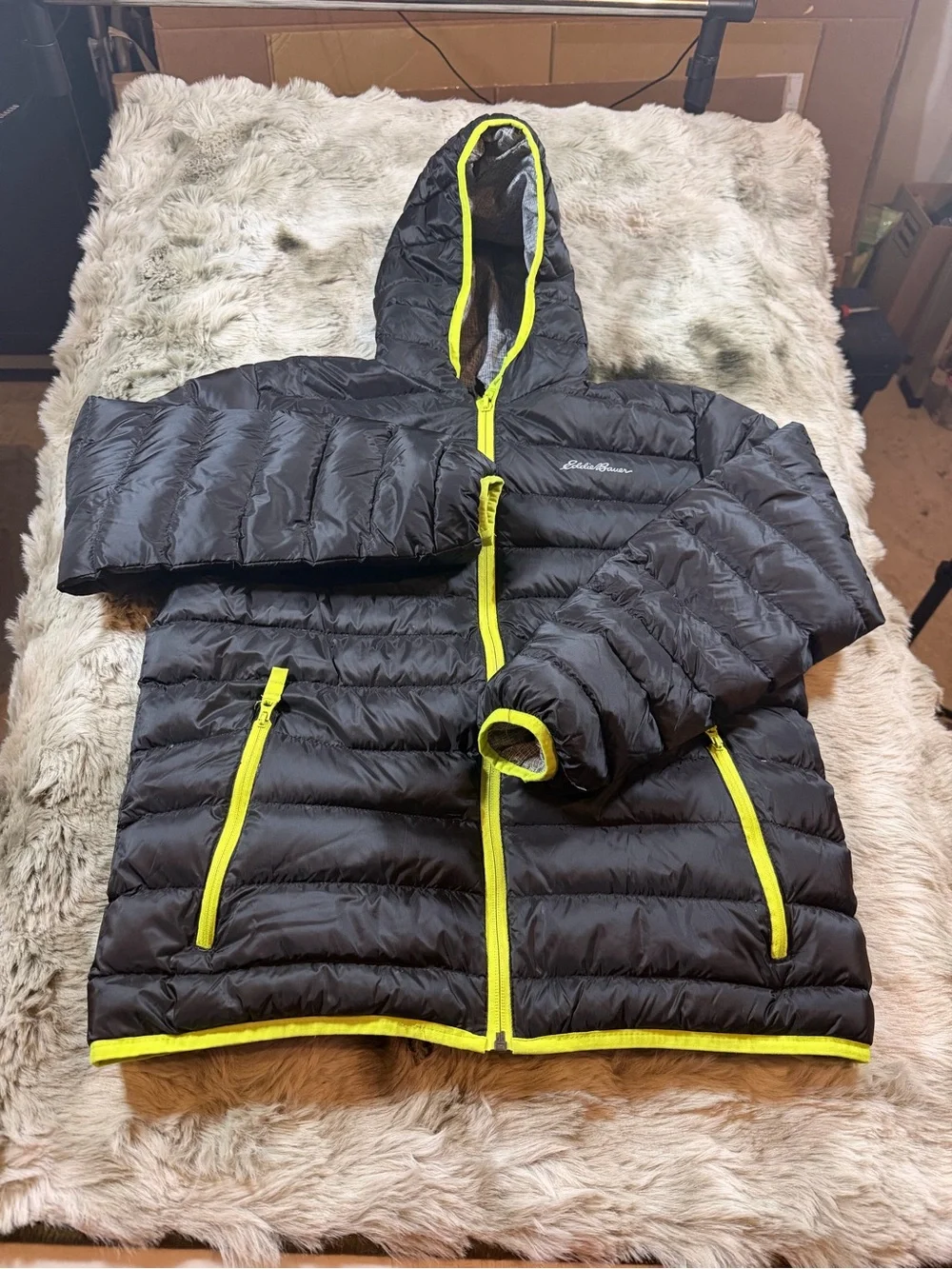 Eddie Bauer Kids L (14/16) Reversible Hooded Puffer Jacket - Black, Gray, & Neon
